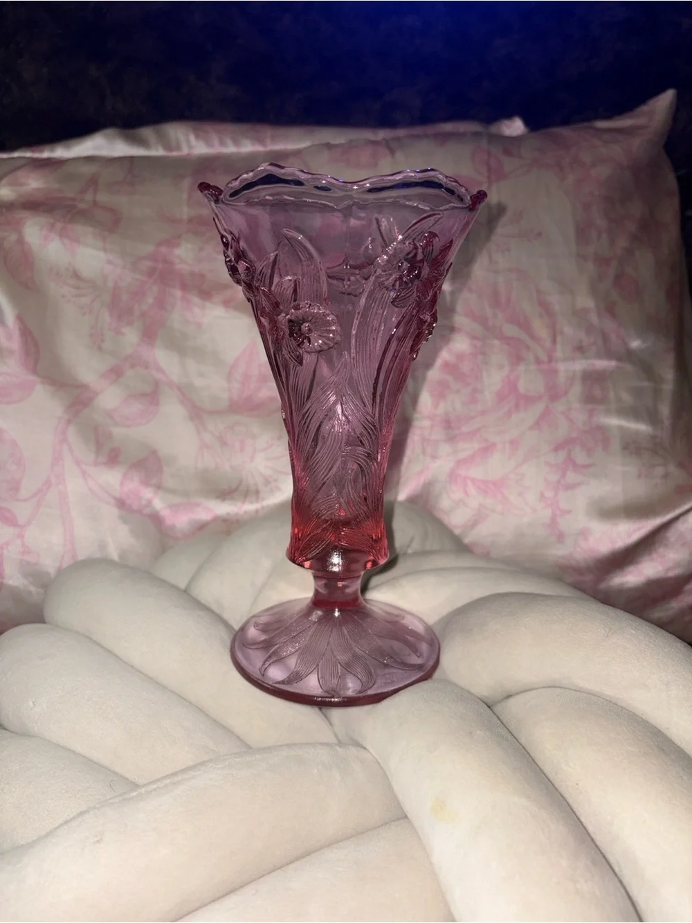 Fenton Pink Floral Pressed Glass Vase